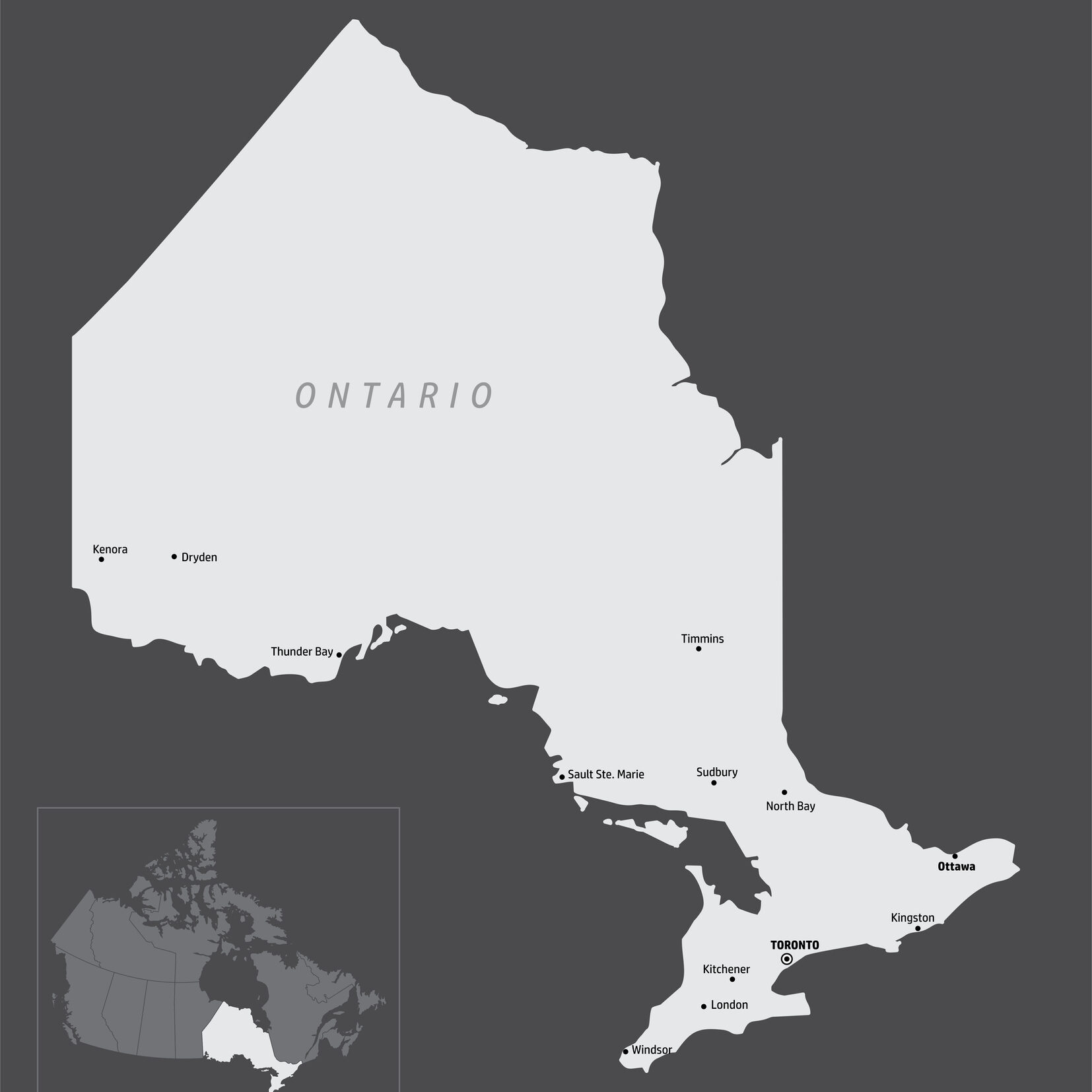 The Ontario province map with the main cities, Canada